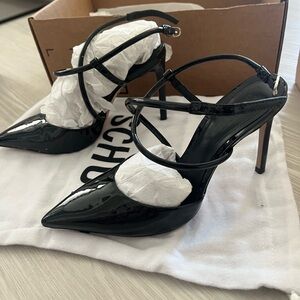 SCHUTZ Black Strappy Patent Leather Heels